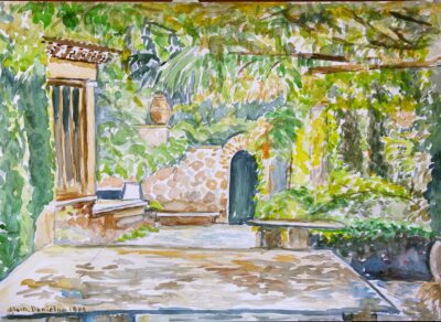 One of Alain Daniélou’s water-colours depicting the terrace of the Labyrinth's main house (photo by Giorgio Pace, 2022).