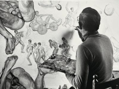 Alain Daniélou at Zagarolo around 1979 working on his erotic paintings. Photo by Jacques Cloarec.