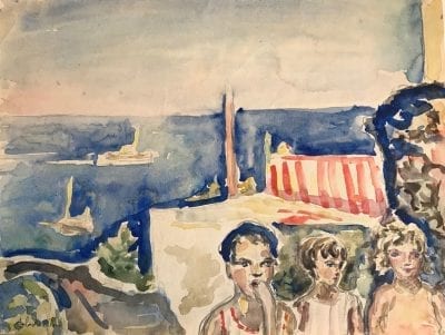 4/6 - Enfants devant la baie de Villefranche - aquarelle signée en bas à gauche - 24 x 32 cm