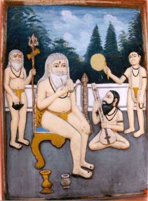 Wall painting in Śivāla (Benares) showing Bābā Kīnārām on his throne with his guru Kālūrām (left) and his disciples Bījārām and Jiyāvanrām (right)